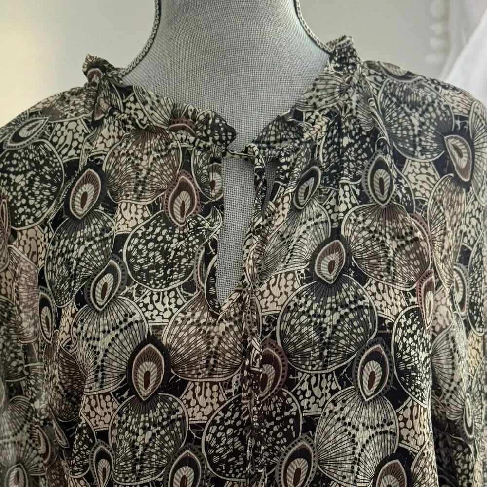 Veronica M Catia Peacock Chiffon Smocked Midi Dress in Feather Print Size L - Picture 5 of 8